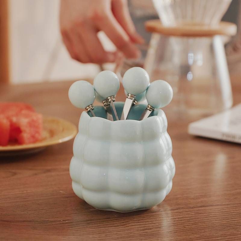 Jingde Zhen Creamy Style Ceramic Blue Pearl Fruit Fork Set - High-Value Fruit Picks, Perfect Home Decor, Coffee Table Storage Tube_voghion.com