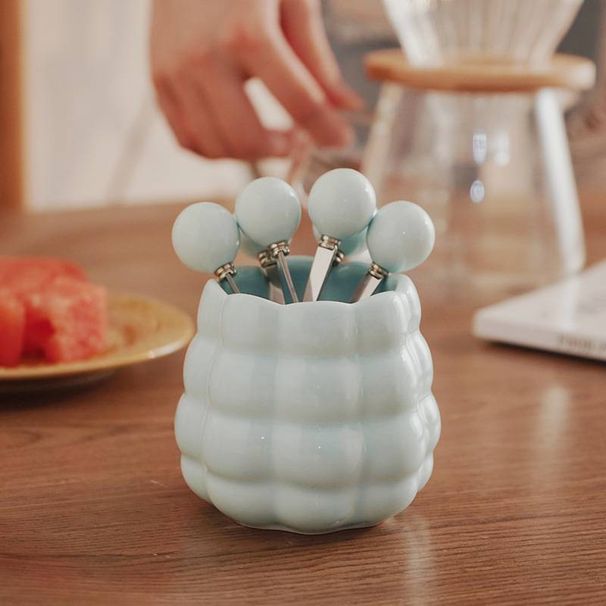 Jingde Zhen Creamy Style Ceramic Blue Pearl Fruit Fork Set - High-Value Fruit Picks, Perfect Home Decor, Coffee Table Storage Tube_voghion.com