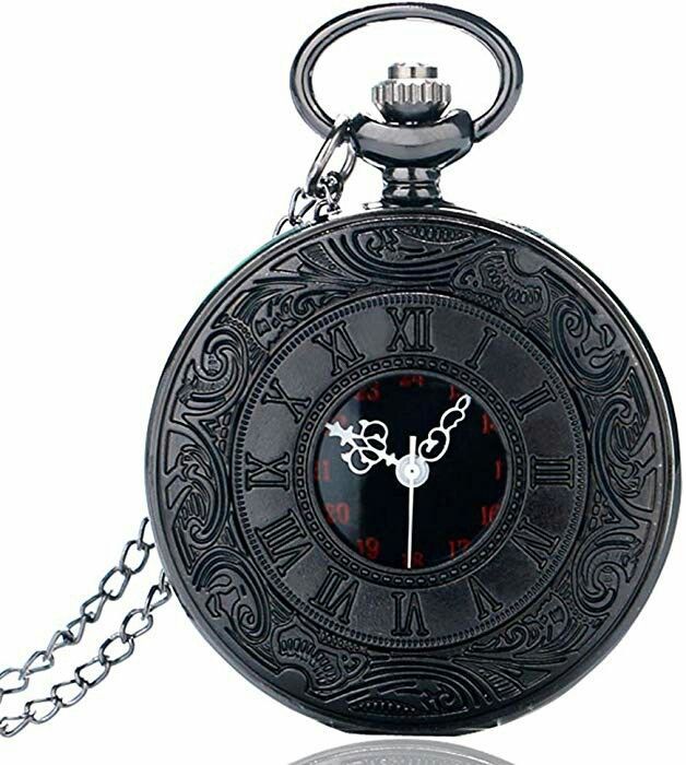 Große klassische Retro-Taschenuhr mit Doppelanzeige, schwarzem Zifferblatt, römischen Ziffern und weißen Zeigern_voghion.com