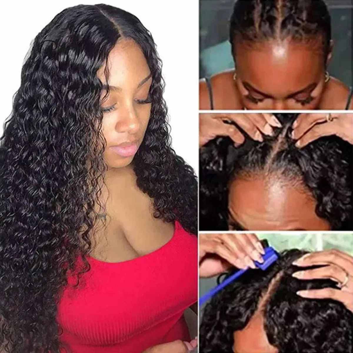 Perruque de cheveux humains ondulés en V sans colle pour femmes_voghion.com