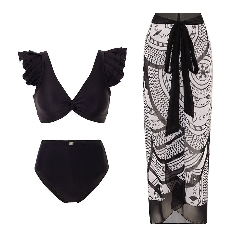 Böhmischer dreiteiliger Badeanzug für Damen, gerüschter Schultergurt, geteilter Dreieck-Bikini, Sonnenschutz-Strandrock_voghion.com