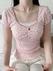 hot selling IAMSURE Sweet Cute Lace Trim Floral T Shirt Sexy Slim Patchwork Square Collar Short Sleeve Tees Women 2024 Summer_voghion.com