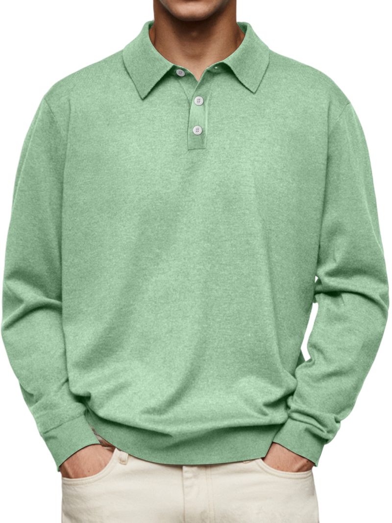 Men's Clothing Autumn Long Sleeve V Neck Button Casual Tops Polo Shirt_voghion.com