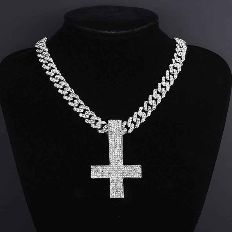 New cross necklace men exaggerated full of diamond luxury inverted cross pendant personality men's accessories_voghion.com