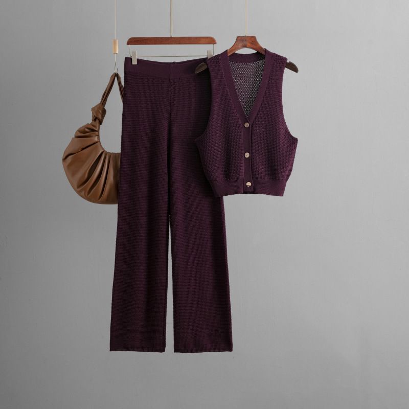Women's Clothing Fashion Knitted Suit For Women Summer New Style V Neck Sleeveless Vest High Waist Straight Pants Two Piece Suit_voghion.com