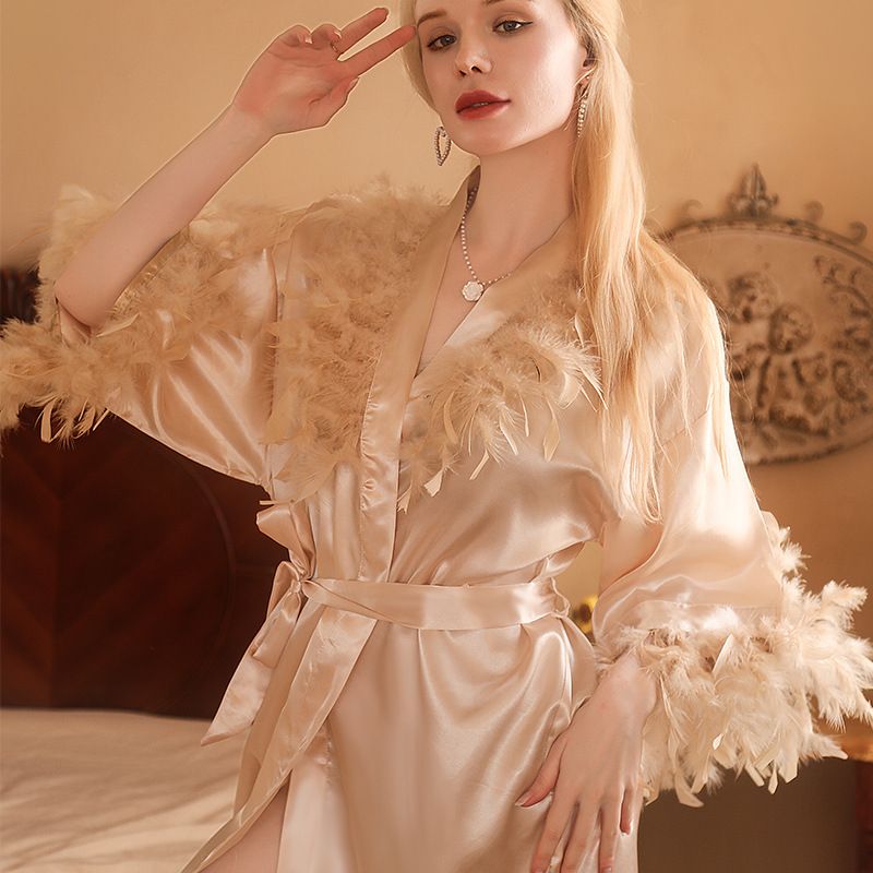 Women's Sleepwears Feather Nightgown Wedding Makeup Bridesmaids Wedding Kimono Bathrobe Pajamas_voghion.com