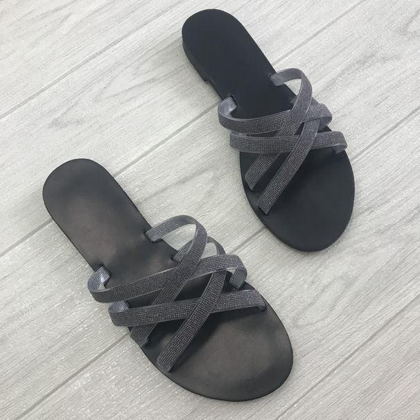 Modni copati Peneči diamantni ravni sandali s križnim paščkom za ženske Vsestranski stilski čevlji za na plažo_voghion.com