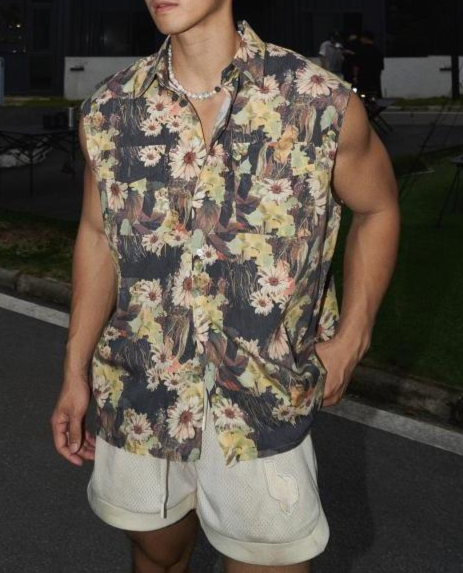 Neue Sommer-Weste mit lockerer, lässiger Urlaubs-Persönlichkeit, Volldruck, Blumenmuster, kubanischer Kragen, Doppeltasche, ärmelloses Top_voghion.com