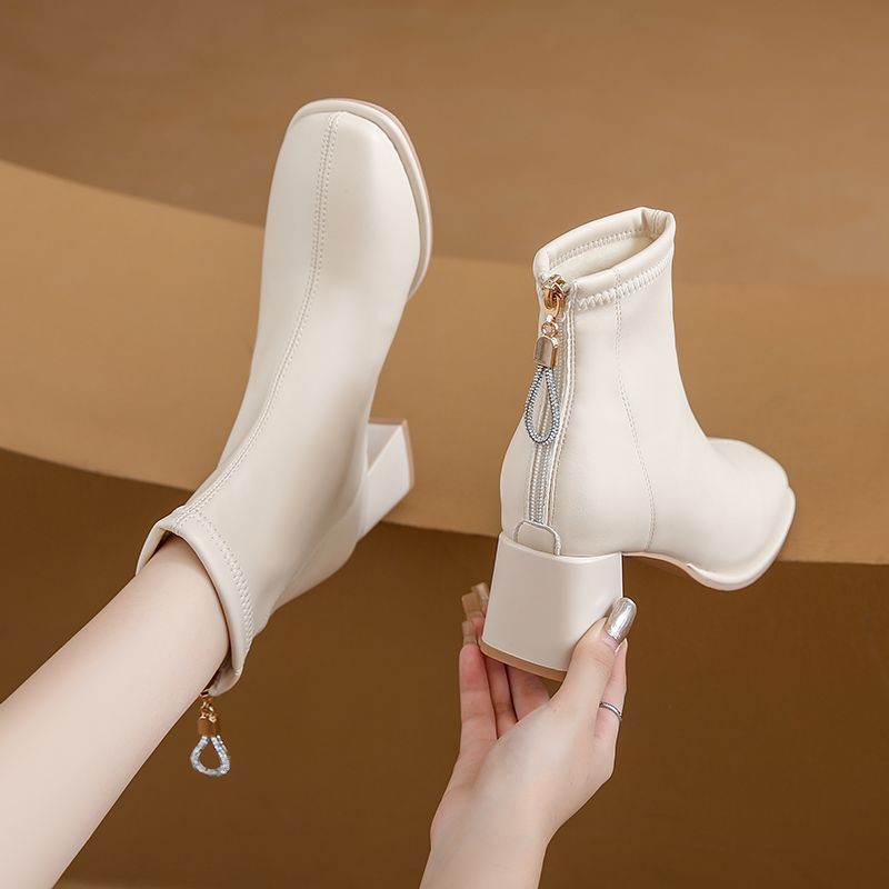 Short Boots And Ankle Boots, Women's Korean Style 2025 New Autumn And Winter Thick Heel Martin Boots, Square Toe Slim Boots, Women's Back Zipper_voghion.com