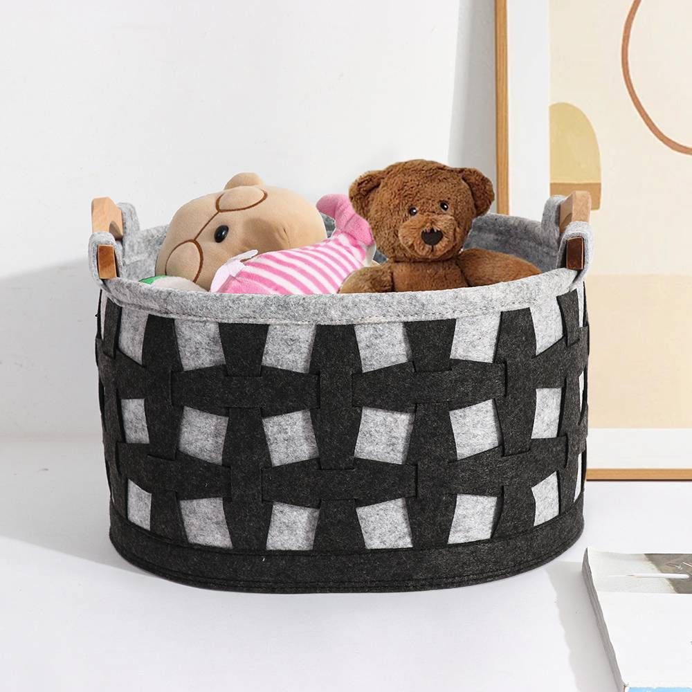 1 cestino portaoggetti circolare in feltro grigio + nero con blocchi di colore, cestino portaoggetti dal design moderno a contrasto, cestino portaoggetti per riporre i vestiti del soggiorno_voghion.com