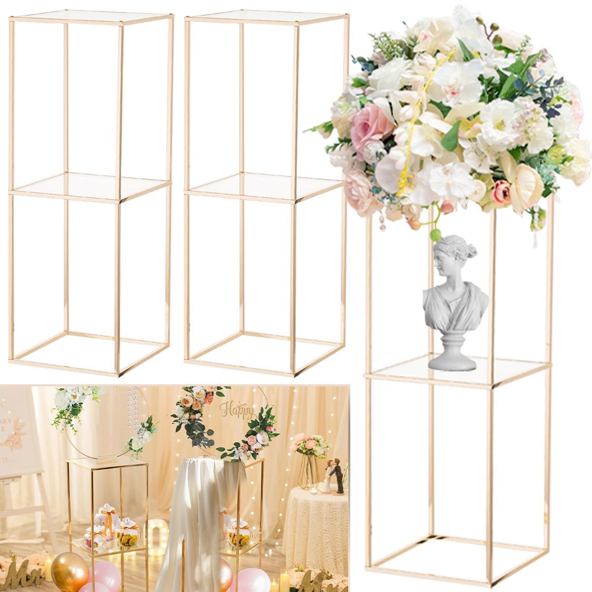 2 Pack 31.5 Inch Golden Flower Stand With 2-Layer Acrylic Pane Metal Flower Display Rack Tables Centerpieces Floor Geometric Column Vases For T-Stage Wedding Birthday Party Decorations_voghion.com