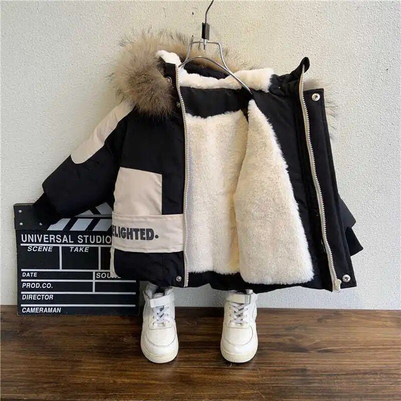 Winter boys coat 2024 new baby Fur collar hooded cotton plus velvet thicken warm jacket for children parka 2-8years kids clothes_voghion.com