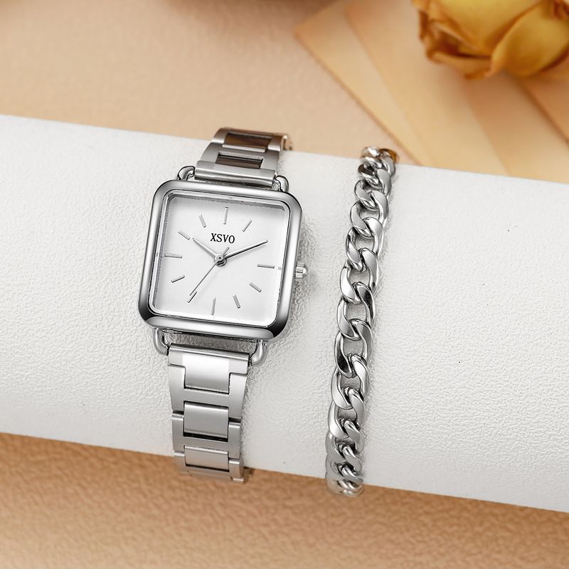 New Women's Fashion Silver Small Square Simple Steel Band Quartz Watch + Chain Set_voghion.com