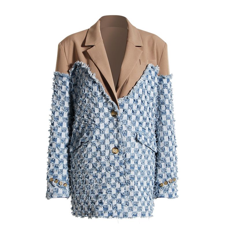 Niche de conception de vêtements pour femmes sui femmes 2024 printemps nouveau conras coloris plaid délavé défrisé bord brut denim_voghion.com