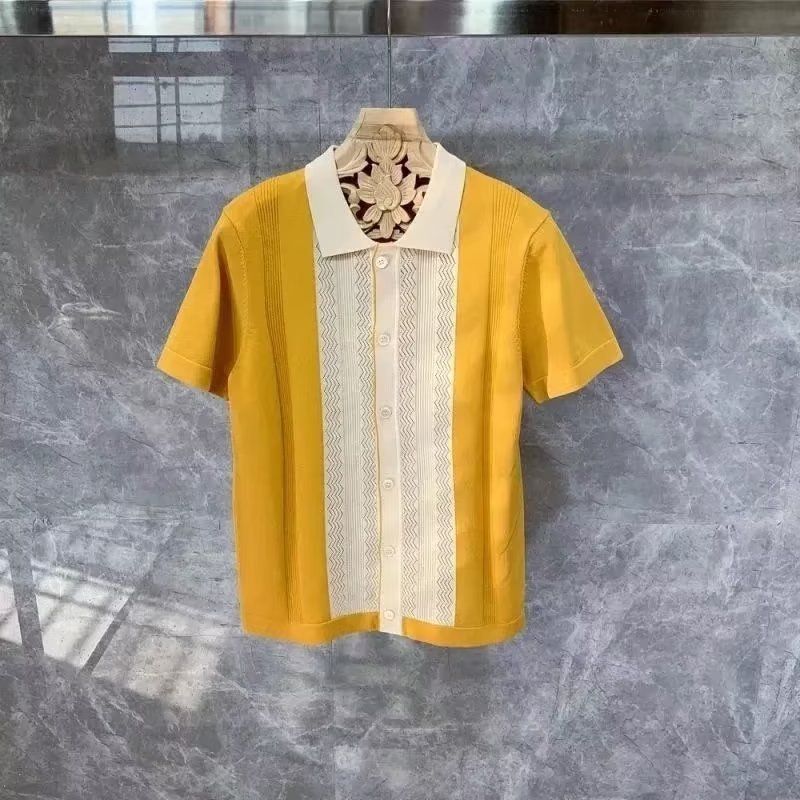Herretøj Sommercardigan strikket poloshirt i slank stil, moderigtig kontrastfarve, hul issilke, åndbar, kortærmet T-shirt til mænd_voghion.com
