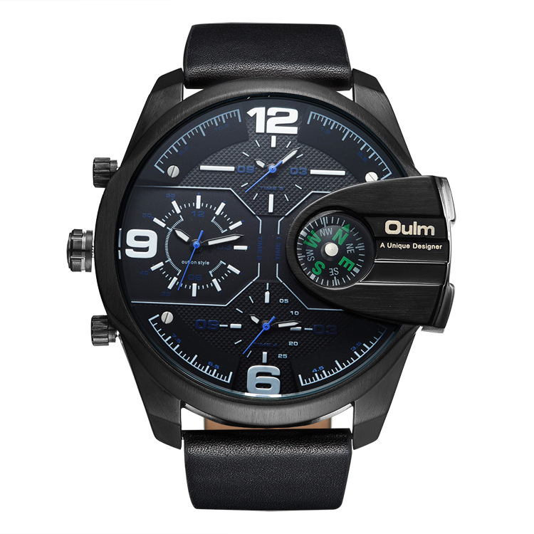 Men's Luxury Quartz Watch With Compass & GMT Function, 58mm Large Dial, Genuine Leather Strap, 30M Water Resistant - Sizes Available_voghion.com