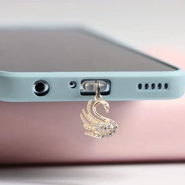 Alloy Full Diamond Gold Silver Swan Phone Dust Type-C Charging Plug Earphone Hole Pendant Couple Ornament_voghion.com