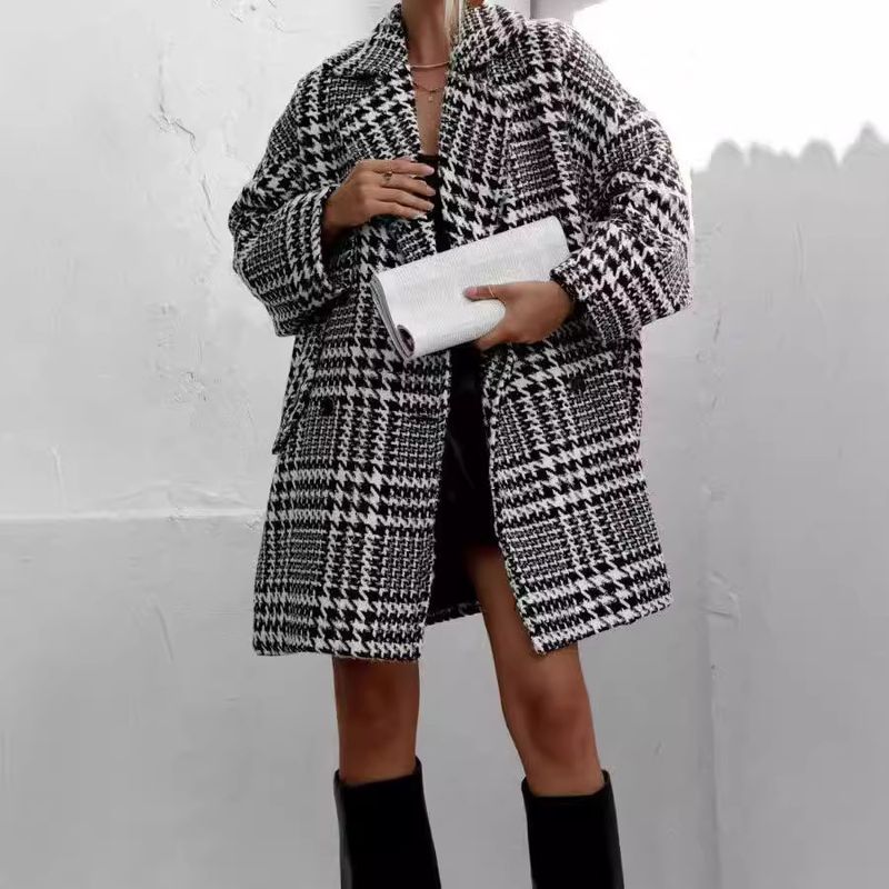 Damen Herbst und Winter Neue Artikel Verdickter lockerer karierter Wollmantel mit Hahnentrittmuster_voghion.com
