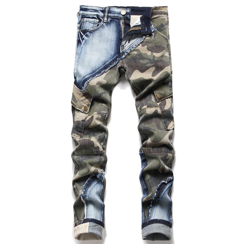 Camouflage commercio estero vestibilità slim, tubo dritto elastico, ricamo elastico in cotone, etichetta in pelle, stampa traforata, abbigliamento maschile alla moda_voghion.com