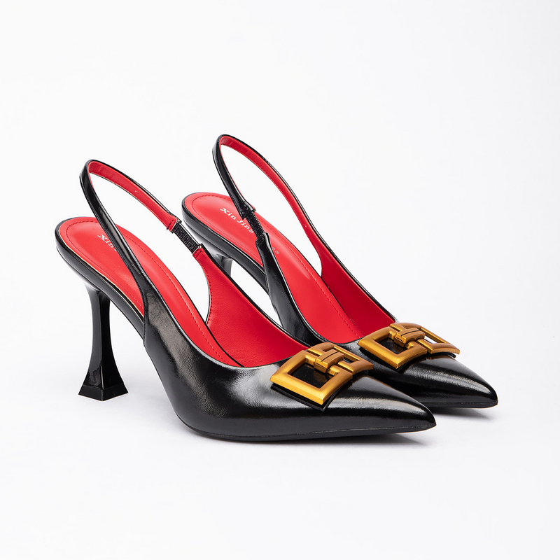 Damenschuhe mit quadratischer Schnalle, spitzer Zehenbereich, flacher High Heel, Einzelschuhe im Stil mit Rückenriemen, Einzelschuhe aus Lackleder, Rückseite leer, Damen-Einzelschuhe_voghion.com