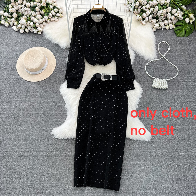 Women’s Clothing Glittery Look Fashion Suit Temperament Bubble Long Sleeves Single Breasted Diamond Studded Shirt Two Piece Suit High Waist Skirt_voghion.com