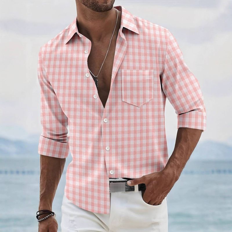 Kariertes Langarmhemd für Herren – Klassischer Button-Down-Kragen, entspannte Passform, stilvolles Taschendetail, atmungsaktives Baumwollmischgewebe​_voghion.com