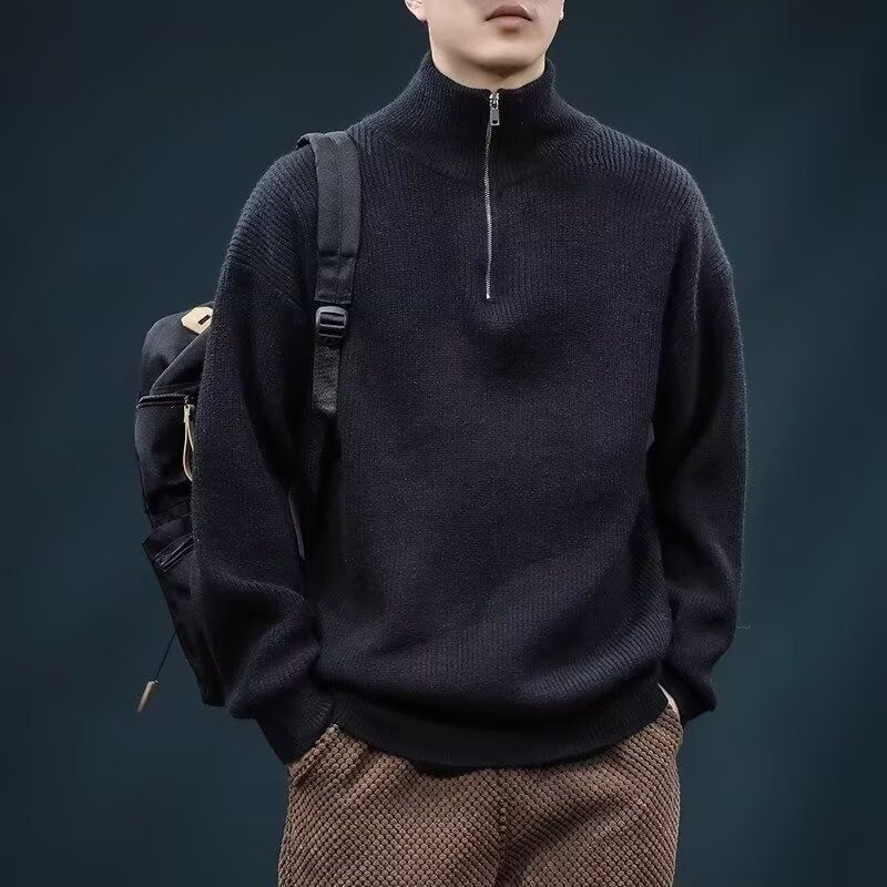 Suéter masculino com meio zíper – Pulôver de malha oversized com gola alta (cinza/preto/verde/bege, tamanhos M a 3XL)_voghion.com