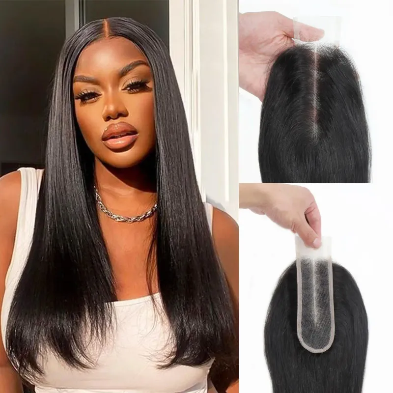 Cheap Lace Closure Human Hair Straight Long Deep Parting KIM K Closure Natural Black Middle Part_voghion.com