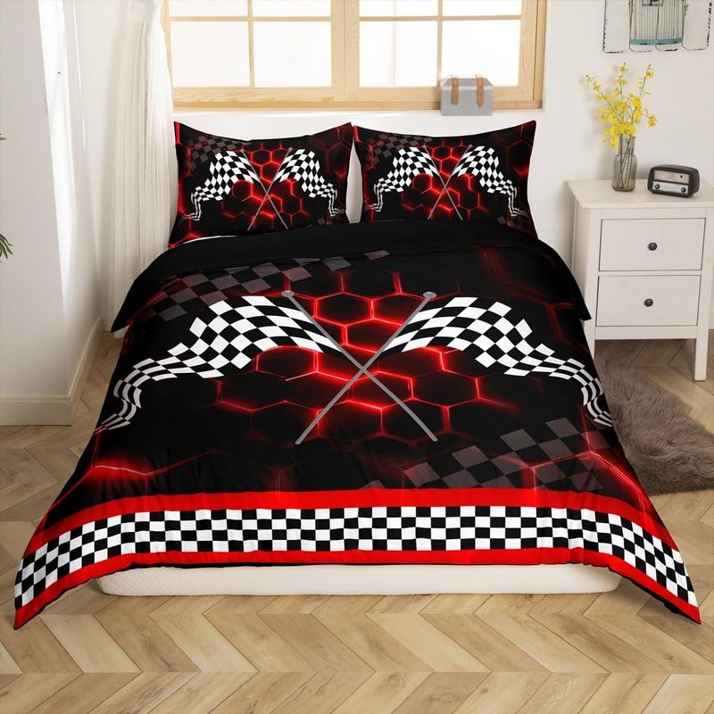 Red Neon Honeycomb Duvet Cover Set Double Size For Kids Adults Boys Teens Geometrical Hexagonal Bedding Set Black White Plaid Flag Comforter Cover_voghion.com