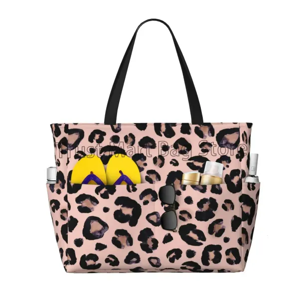 Leopard Print Large Waterproof Beach Women Sandproof Tote Pool Bag With Zipper And Pockets For Travel Vacation Gym_voghion.com