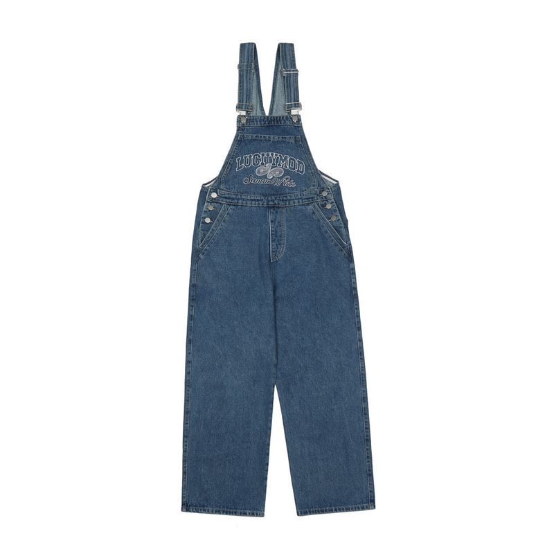 Men's monogram embroidered denim overalls multi-pocket casual pants_voghion.com