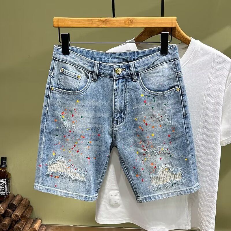 Men's Clothing Summer Personality Denim Shorts Men's Trendy Brand Five Point Pants Fashion Mid Length Pants Casual Five Point Breeches Elastic Inkjet_voghion.com