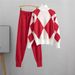 Ternos da moda para mulheres novo suéter xadrez de malha casual terno de duas peças produtos europeus tendência_voghion.com