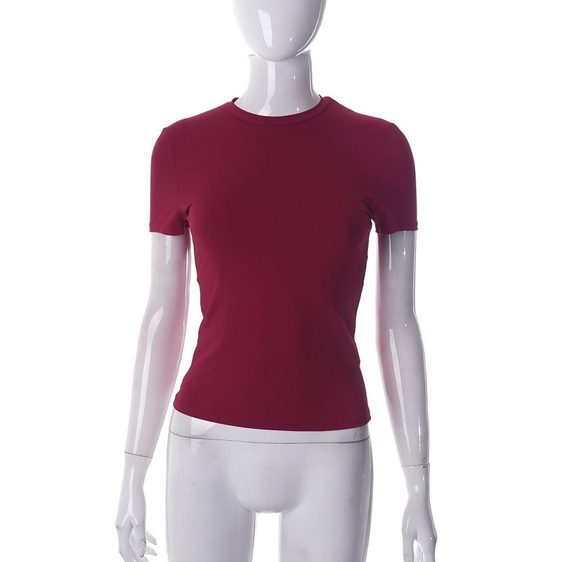 Damenbekleidung Einfarbig Rundhals Kurzarm Basic T-Shirt Tops_voghion.com