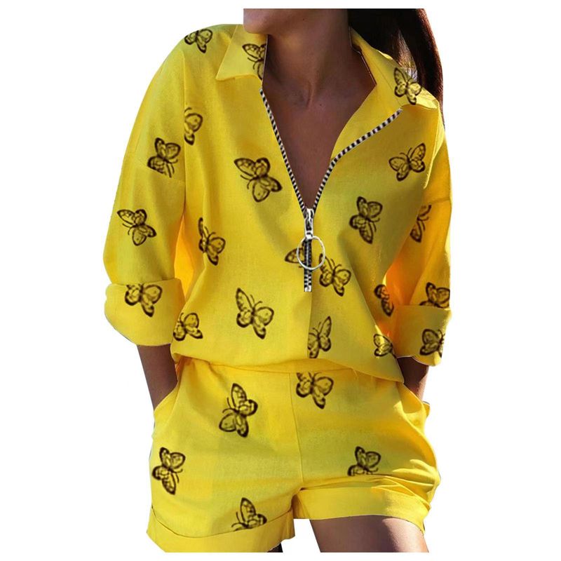 Chemisier à manches longues pour femmes, short imprimé à fermeture éclair, costume deux pièces_voghion.com