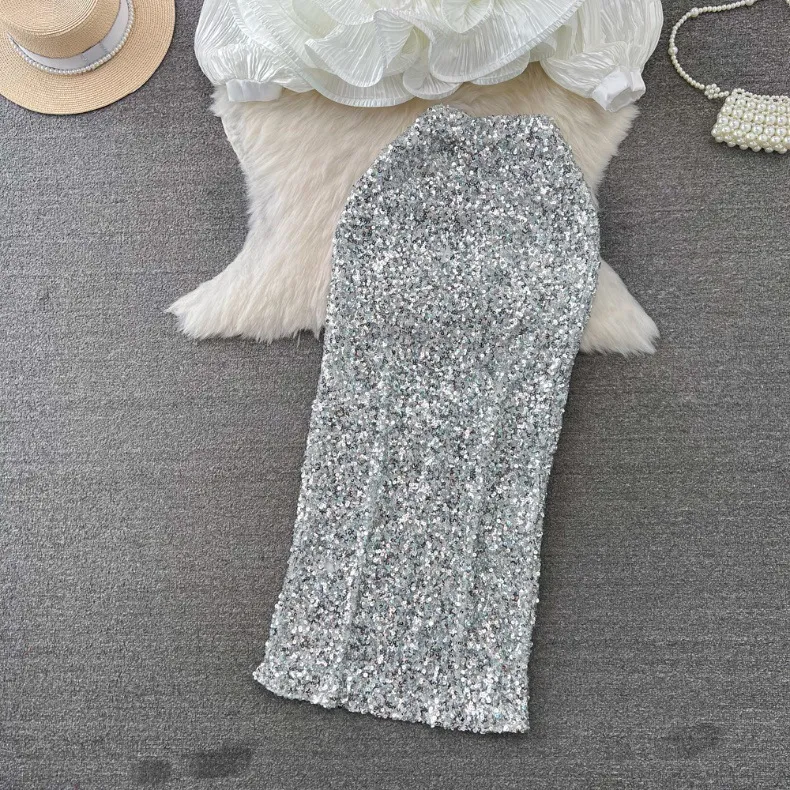 Vêtements pour femmes Costume à la mode, tempérament féminin, chemise brillante à manches longues et col en V avec ourlet en feuille de lotus pour femmes, jupe à paillettes taille haute_voghion.com