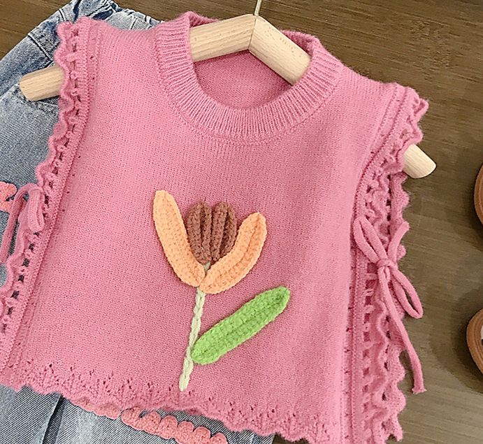Børnetøj piger strikket vest forår ny børns sweater vest børnehåndklæde broderede jeans forår_voghion.com