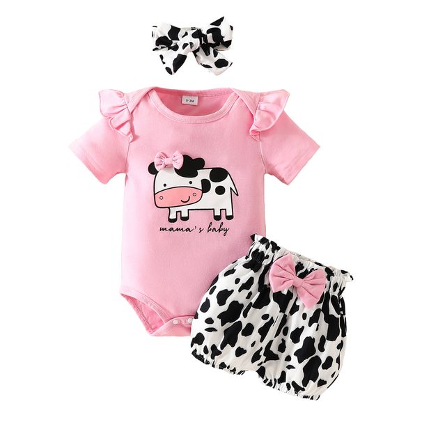 Moeder & Kinderen baby romper korte mouwen met strik shorts set met strik koe letter print romper shorts_voghion.com