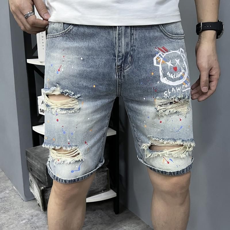 Pantaloncini di jeans slim fit blu chiaro effetto lavato non elastico da uomo Beggar Hole Pantaloni di media lunghezza a cinque punte da uomo_voghion.com