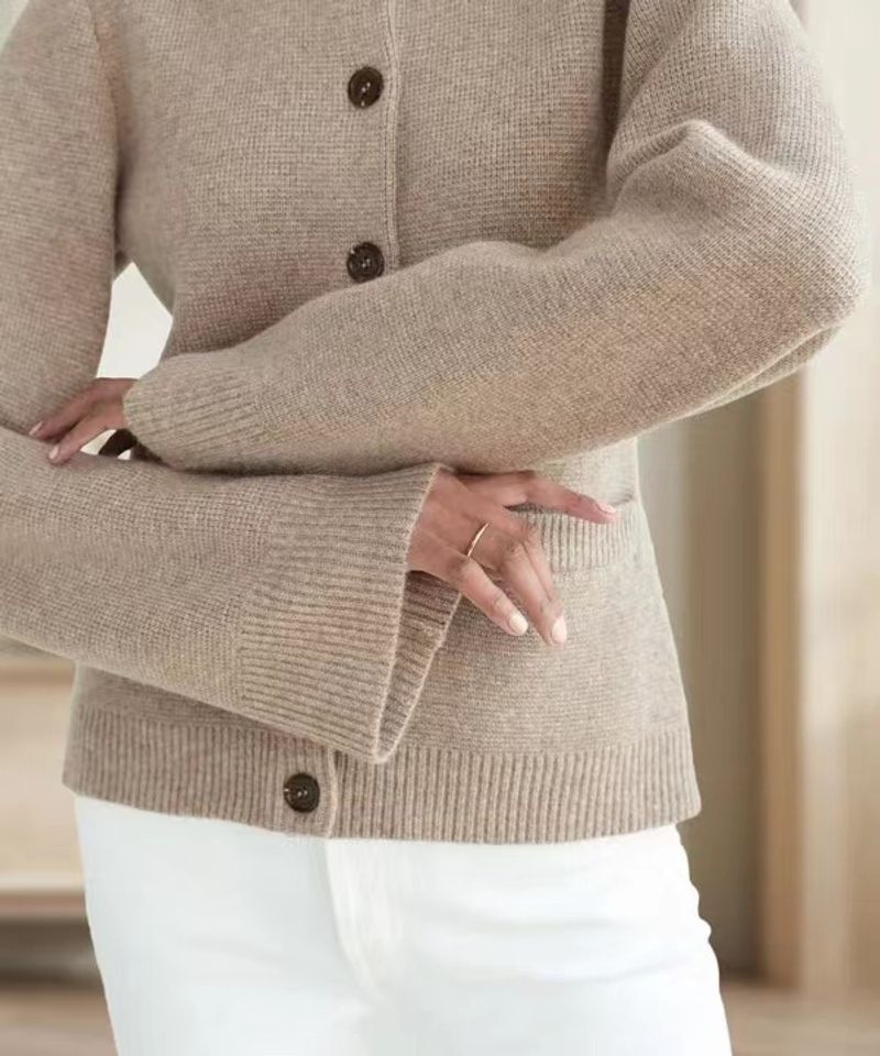 【 Cashmere Family 】 Strikket sweater til kvinder med uld cardiganfrakke til efteråret_voghion.com