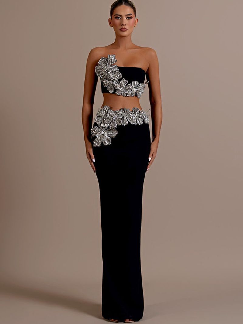 Ensemble deux pièces à strass floraux : robe bandage bustier et corset pour une soirée glamour (S-L, noir/rouge)_voghion.com