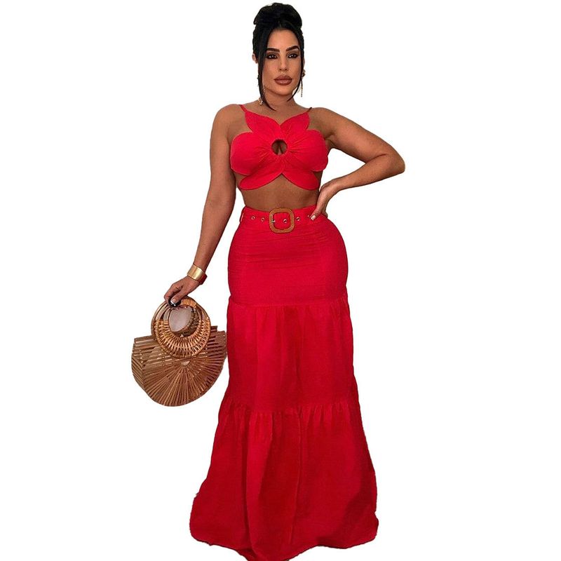 Costume sexy pour femmes, couleur unie, bretelles de forme spéciale, grande jupe, ceinture_voghion.com