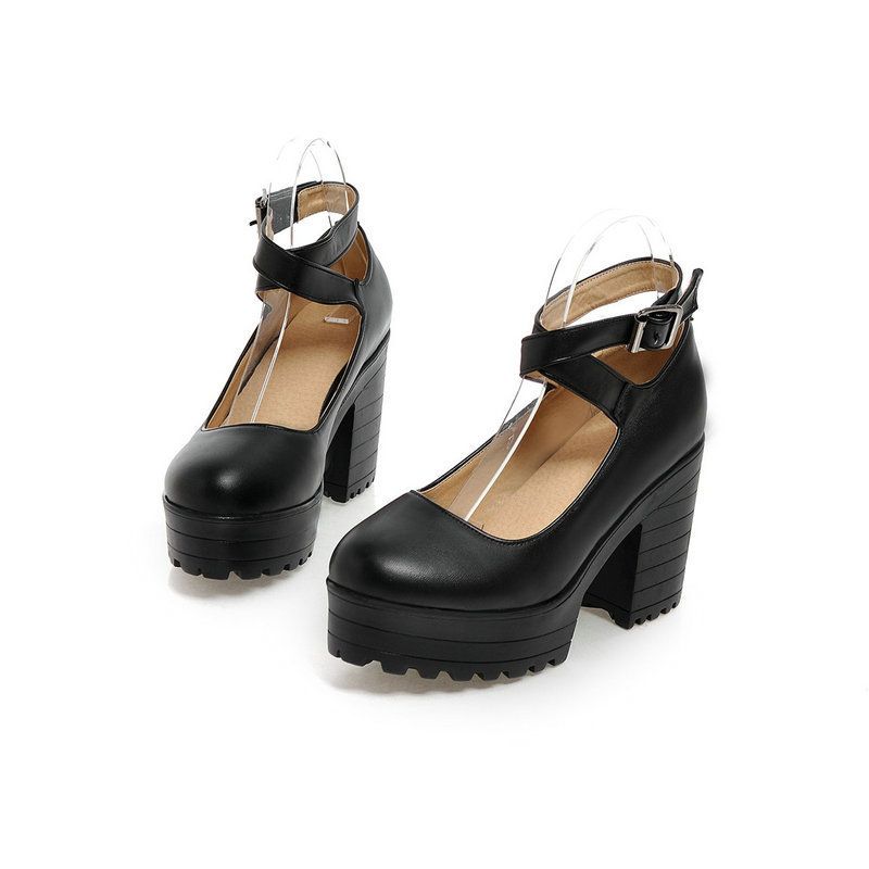 Women's shoes thick heel thick soled waterproof platform single shoes women's one-line buckle comfortable fashion show model leather heels_voghion.com