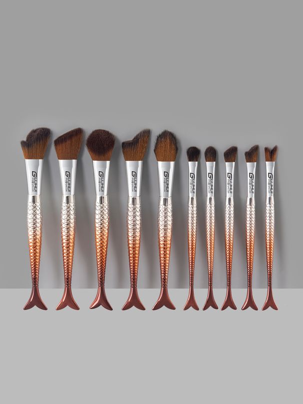 10 Stéck Make-up Pinselset mat méifaarwege Mierjungfrau Grëff, inklusiv Rouge Pinsel, Pudder Pinsel, GUJHUI Fabréck Direktverkaaf_voghion.com