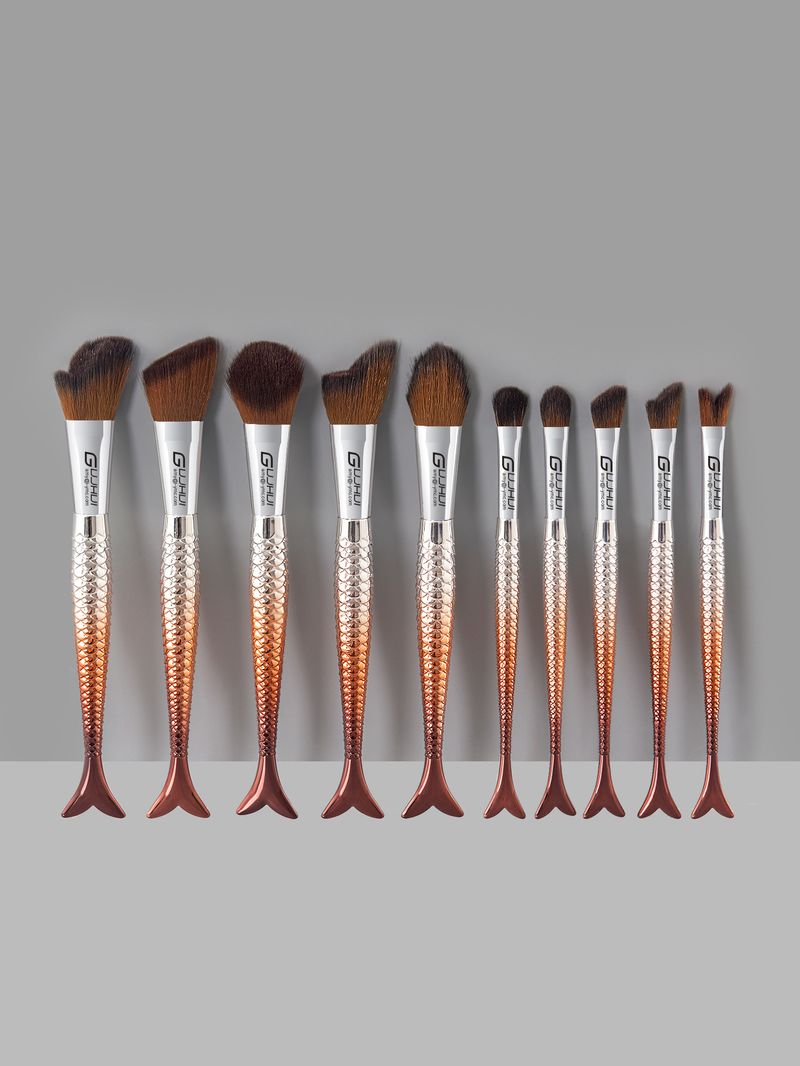 10 pcs multi-color mermaid handle makeup brush set including blush brush, powder brush GUJHUI factory direct sales_voghion.com