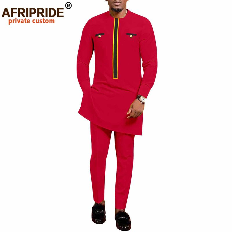 Männer Kleeder afrikanesch ethnesch zolidd Faarf Kotteng Männer Casual Jacket + Hosen_voghion.com