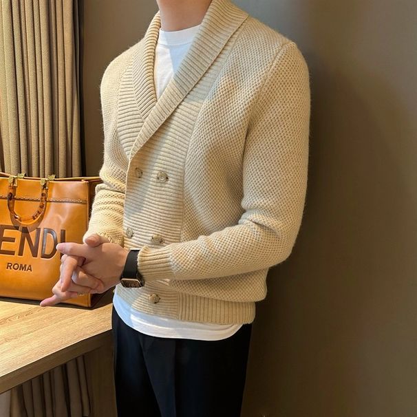 Business Men's Green Fruit Collar Double-Breasted Design Knitted Jacket Sweater Warm Autumn Winter Casual_voghion.com