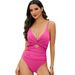 New Style Solid Color Deep V Hollow Sexy Swimsuit Women's Belly Ruched U-shaped Tie Beautiful Back Swimwear_voghion.com
