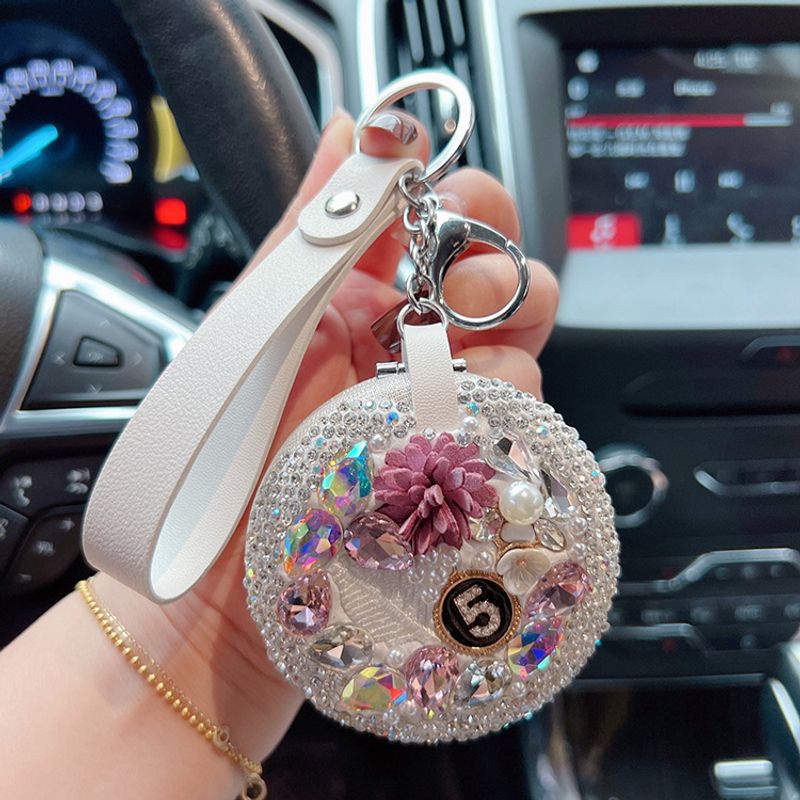 Kil Elmas DIY Deri Anahtarlık Haha Yaratıcı Moda Taşınabilir Makyaj Aynası Kadın El Askısı_voghion.com