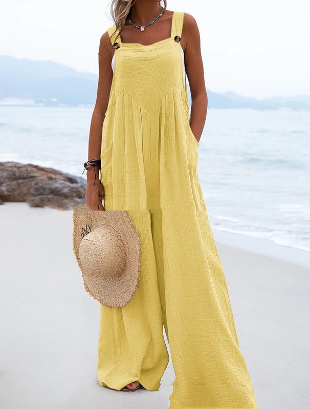 Summer New Women's Fashion Ethnic Style Solid Button Strap Jumpsuit Wide Leg Pants C111_voghion.com